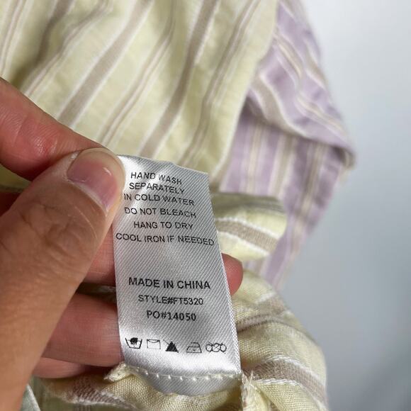 Fate Small S Yellow Green Pink Striped Button Down Shirt Patchwork V Neck V Back - Picture 9 of 10